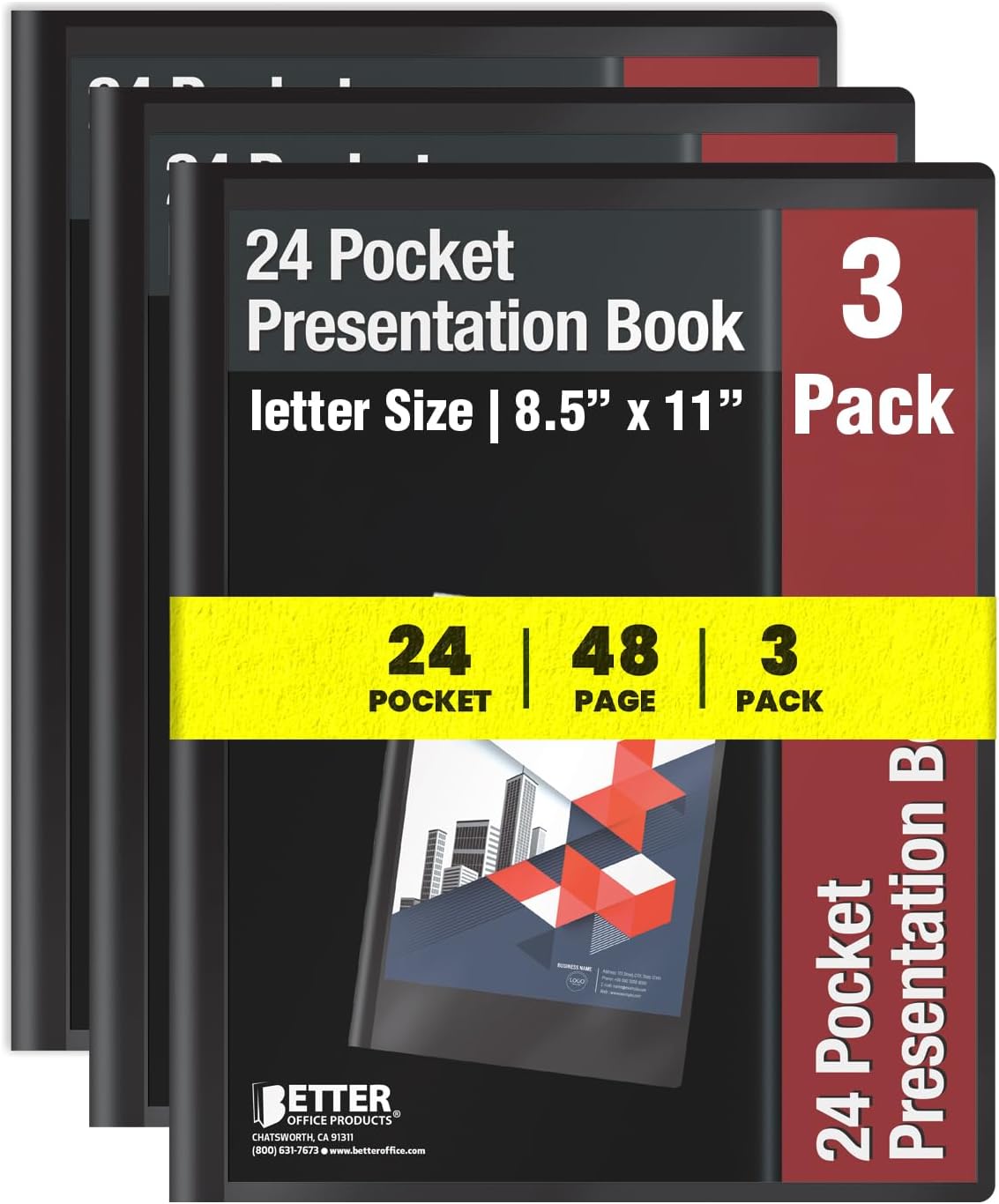Better Office Products 24 Pocket Bound Sheet Protector Presentation Book, 3 Pack, Clear View Front, 48 Page Capacity, Art Portfolio, Durable Black Poly Front and Back Covers, Letter Size