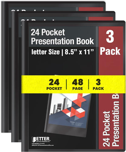 Better Office Products 24 Pocket Bound Sheet Protector Presentation Book, 3 Pack, Clear View Front, 48 Page Capacity, Art Portfolio, Durable Black Poly Front and Back Covers, Letter Size