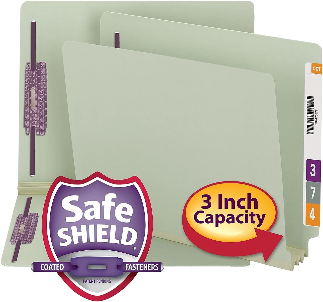 Smead End Tab Pressboard Fastener File Folder with SafeSHIELD Fasteners, 2 Fasteners, 1" Expansion, Letter Size, Gray/Green, 25 per Box (34705)