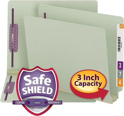 Smead End Tab Pressboard Fastener File Folder with SafeSHIELD Fasteners, 2 Fasteners, 1" Expansion, Letter Size, Gray/Green, 25 per Box (34705)