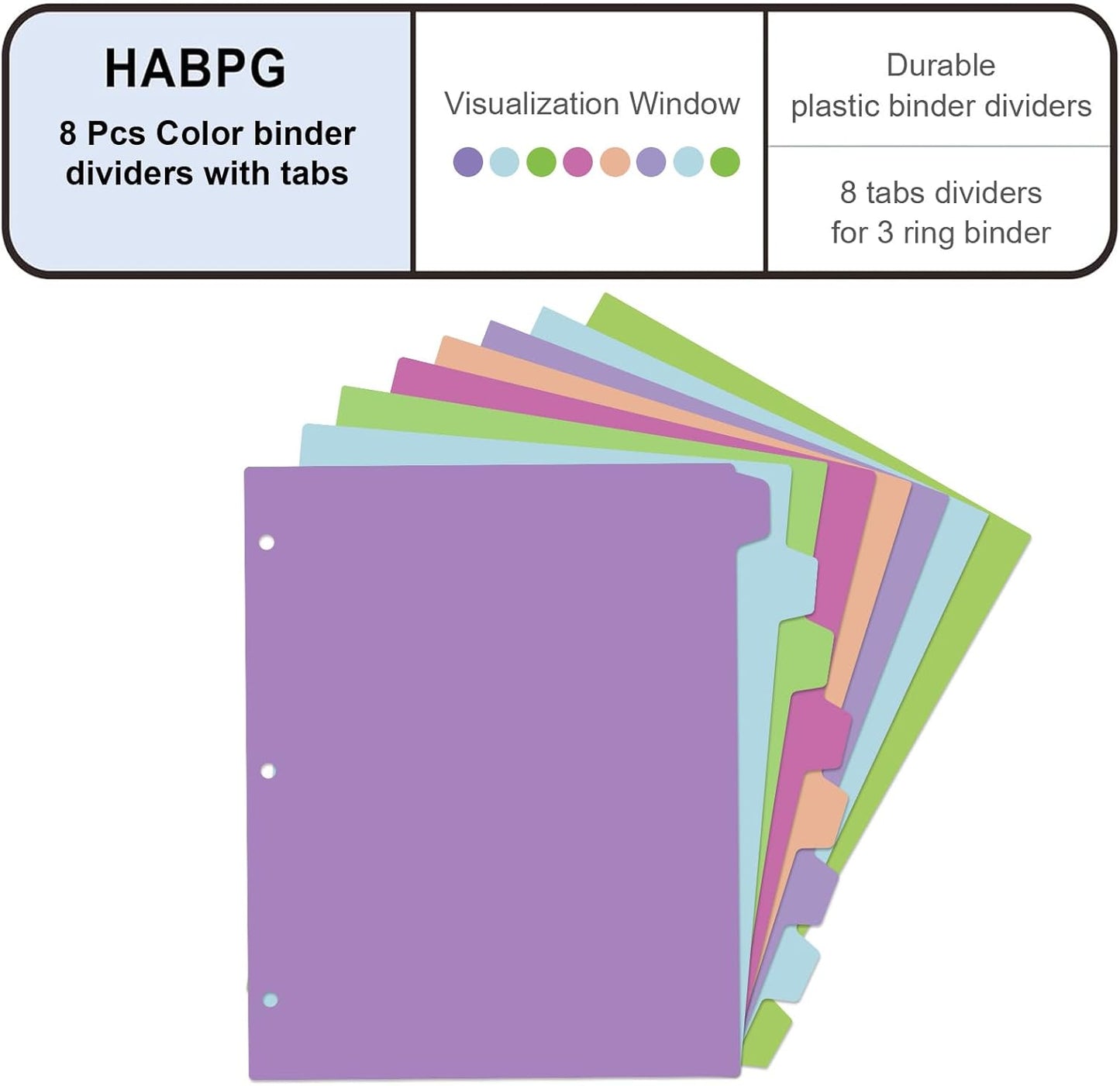 habgp 16Pcs/2 Set Binder Dividers with Tabs, 8 Color Tab for 3 Ring Binder Dividers, Page Folder Dividers for 3 Ring Binder Sheet Paper Protectors, Plastic Tabbed File Dividers with Tabs S099