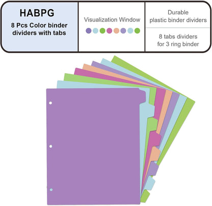 habgp 16Pcs/2 Set Binder Dividers with Tabs, 8 Color Tab for 3 Ring Binder Dividers, Page Folder Dividers for 3 Ring Binder Sheet Paper Protectors, Plastic Tabbed File Dividers with Tabs S099