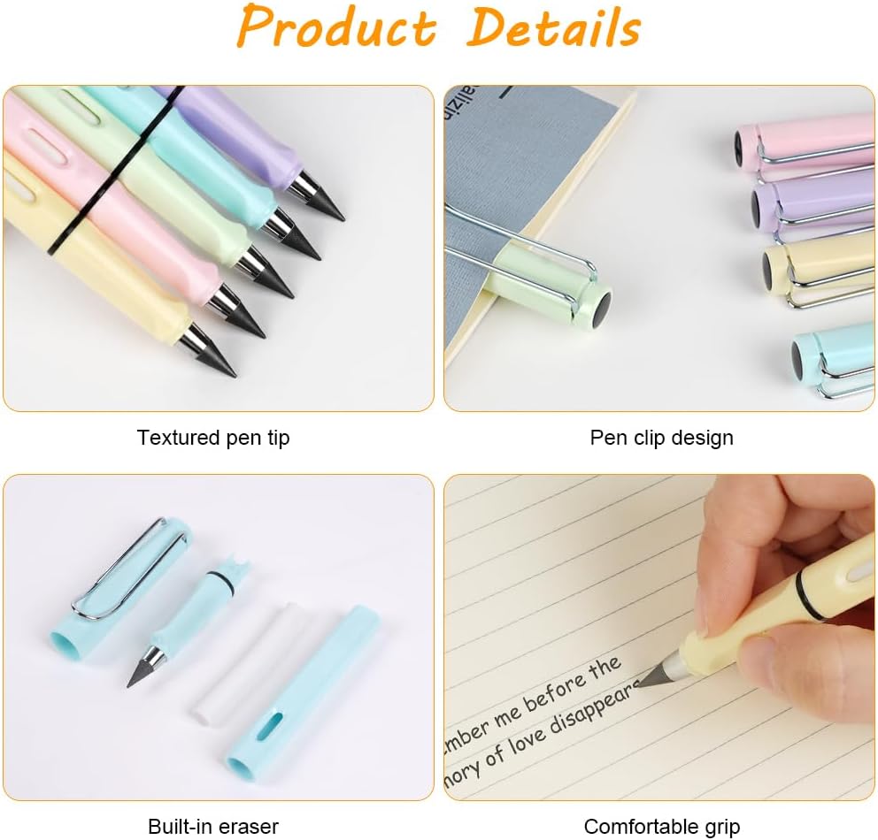 Ainiv Inkless Pencil with Eraser - 5 Sets Infinity Pencil, Reusable with Extra 5 Eraser & 5 Replaceable Nibs for Home, Office & School Writing, Drawing