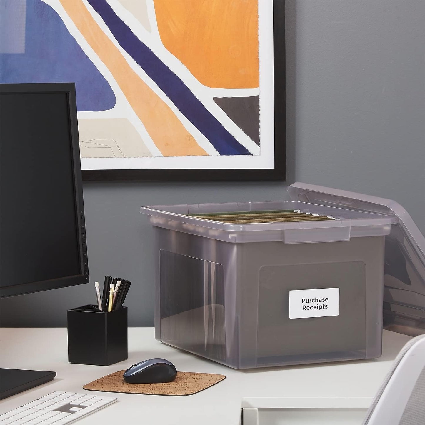STAPLES File Folder Tote, Portable Filing Box for Letter SIze Hanging Folders, Security Latch & Built-In Lid Organizer, Black/Clear