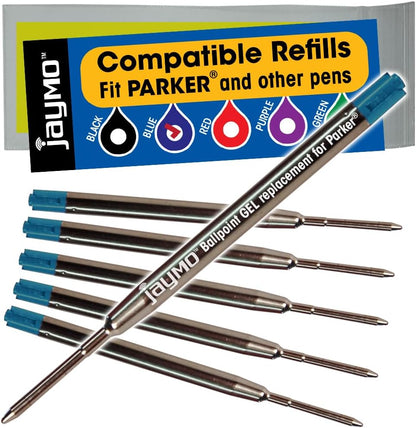 Jaymo Replacement for Parker 30525PP/30526PP and Bastion - Measures 3.875 in / 98 mm Long - G2 Gel Ballpoint Pen Refill - 2 Black + 2 Blue + Red + Purple