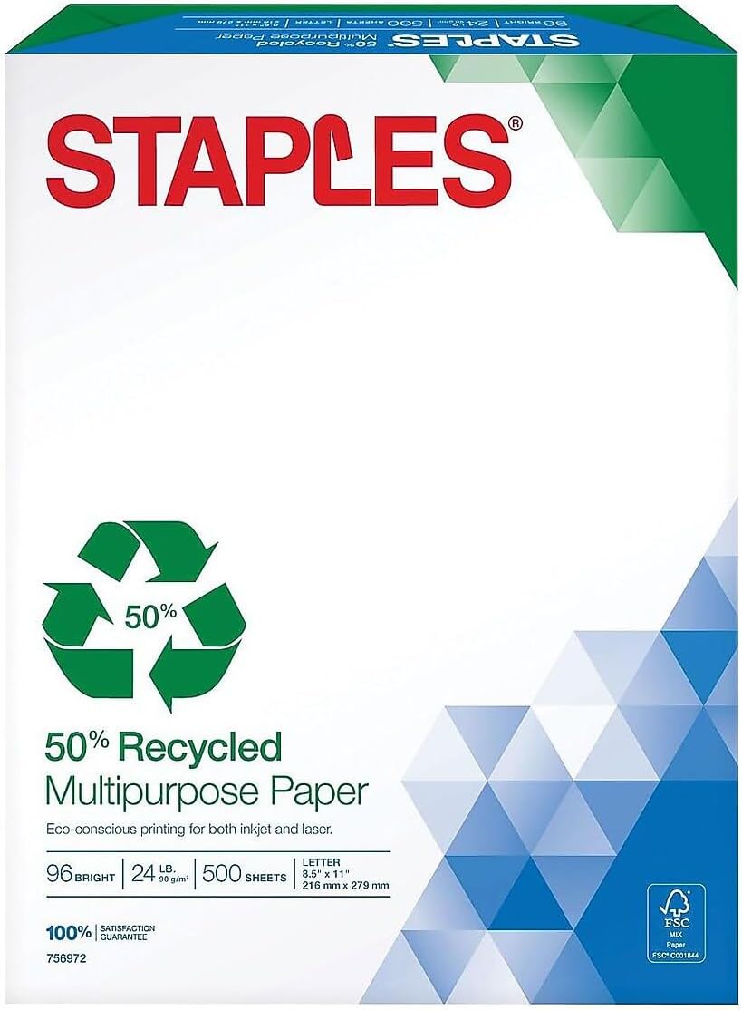 Staples 100% Recycled 8.5-Inch x 11-Inch Copy Paper 20 lbs 92B 500/Ream 10 Ream/Count, For Office, School & Home