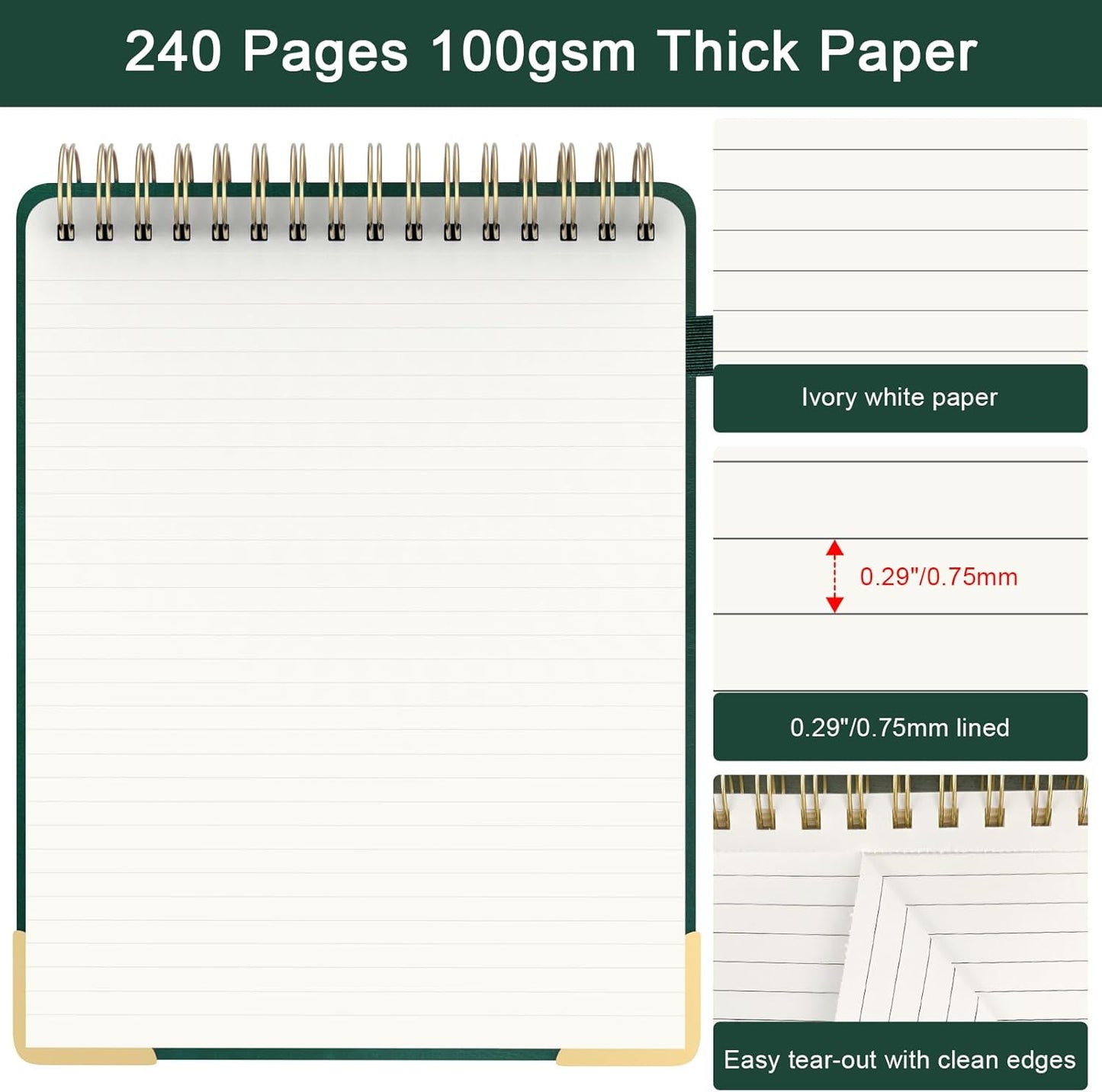 A5 Top Spiral Notebook, Large Leather Hardcover Top Bound Steno Pads, 240 Pages 100 gsm Thick Lined Paper Left Handed Notebook Journal for Work, School, Meeting Writing - Brown, 5.9" x 8.5"