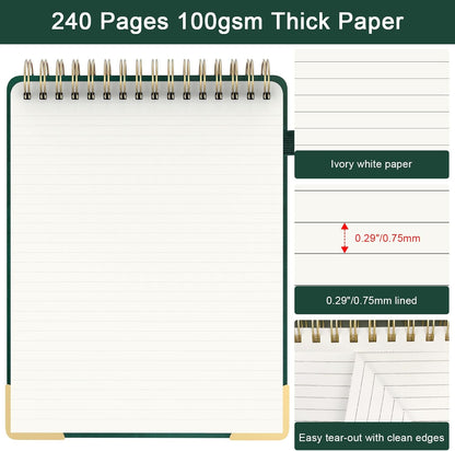 A5 Top Spiral Notebook, Large Leather Hardcover Top Bound Steno Pads, 240 Pages 100 gsm Thick Lined Paper Left Handed Notebook Journal for Work, School, Meeting Writing - Brown, 5.9" x 8.5"