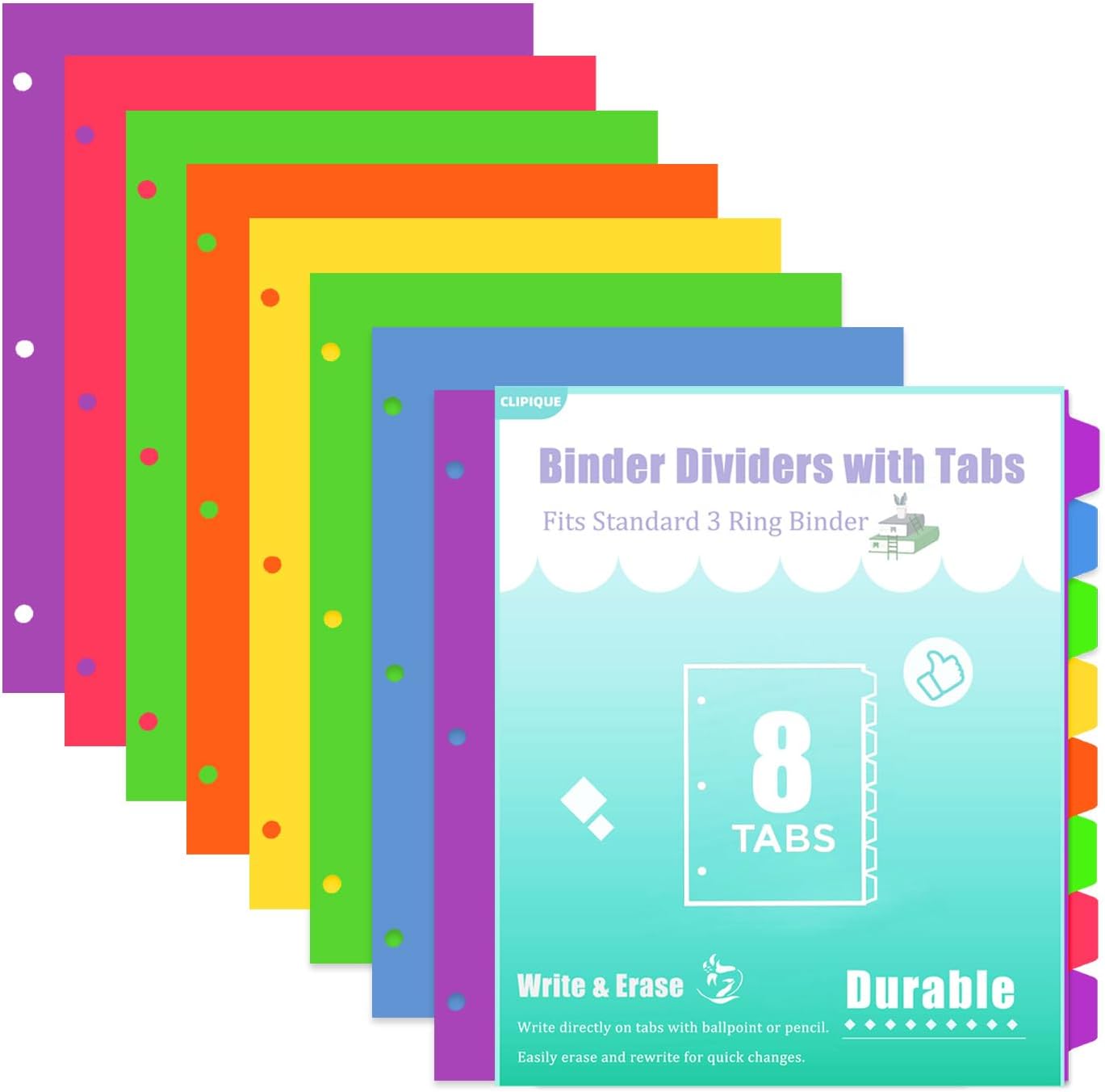 3 Ring Binder Dividers with Tabs - 5-Tab Plastic Dividers for 8.5x11 Binders, Reusable Write & Erase Tabbed Dividers | Rainbow Color 3 Sets, School Classroom Organizer