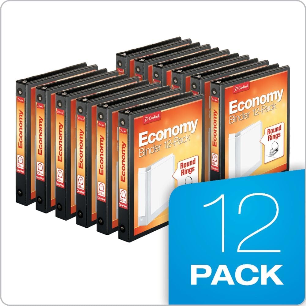 Cardinal Economy 3-Ring Binders, 3", Round Rings, Holds 625 Sheets, ClearVue Presentation View, Non-Stick, White, Carton of 12 (90651)