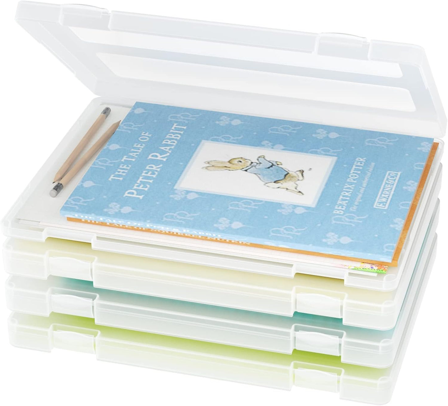 iBune 4-Pack A4 Plastic Paper Organizer Box, Scrapbook Storage for 8.5” x 11” Letter Papers, Portable Document Holder, Photo Storage Box Sticker Art Supplies Organizers, 12.2” x 8.9” x 0.7” Inner Size