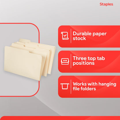 Staples Recycled File Folders, Legal Size, 1/3‑Cut Tabs, Manila, 30% Recycled Paper Stock, 100/Box