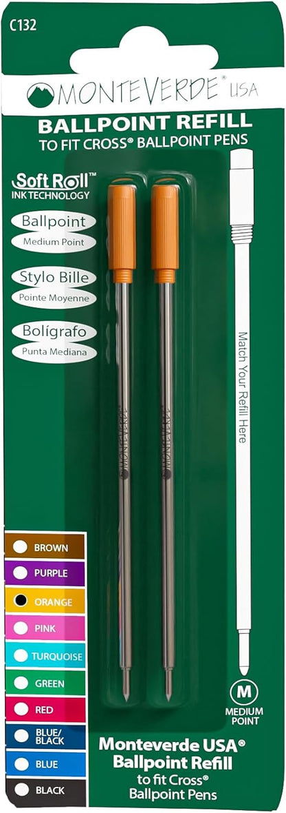 Monteverde USA Soft Ballpoint Refills to Fit Cross Pens, Medium Point, Green Ink, 2-Pack – Bold and Smooth Writing Solution