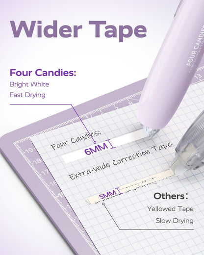 Four Candies Refillable Retractable White Correction Tape, 4PCS Smooth White Pull-Out Tape with 4 Extra Refills, Easy to Use Applicator for Instant Corrections for Office, School Supplies (Purple)