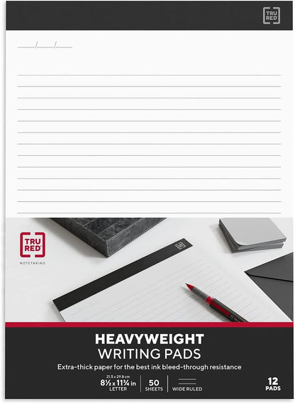 TRU RED Notepads, 8.5” x 11.75”, Wide Ruled, Canary, 50 Sheets/Pad, 12‑Pack