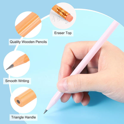 PATIKIL Round Pencils, 24 Pcs Triangle HB Graphite Pencil Wooden Pencils with Eraser for Classroom Office Writing Drawing Supplies, White