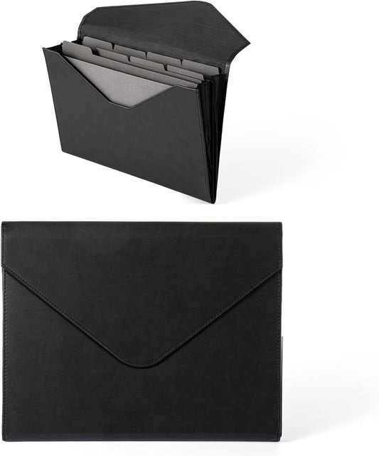 Heture PU Leather Heavy-Duty Expanding File Folder, A5/US Letter Size Document Organizer with 8 Paper File Folders, 4-1/2 Inch Expansion, Black – for Office, Auto Shop, School Paperwork.
