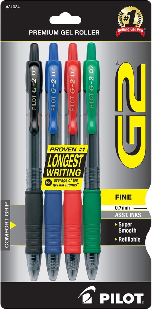 PILOT G2 Premium Refillable and Retractable Rolling Ball Gel Pens, Fine Point, Black Ink, 4-Pack (31057)