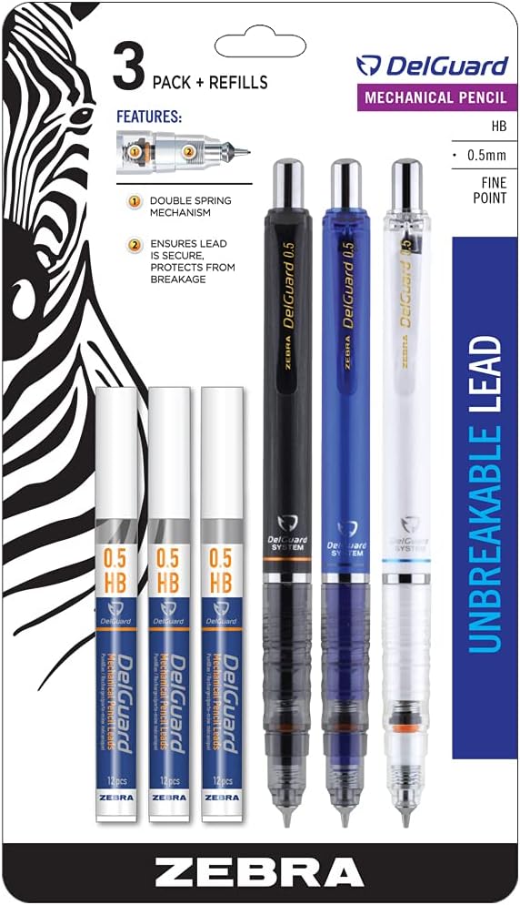 Zebra Pen DelGuard Mechanical Pencil 0.5mm, Black, Blue & White Barrel, Resists Lead Breaking, Double Spring Protection, Built-In Eraser, 3-Pack with Refills, Clip for Easy Carrying (58603)