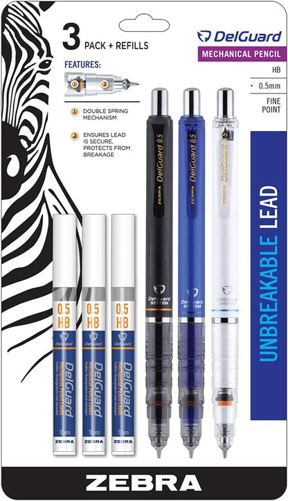 Zebra Pen DelGuard Mechanical Pencil 0.5mm, Black, Blue & White Barrel, Resists Lead Breaking, Double Spring Protection, Built-In Eraser, 3-Pack with Refills, Clip for Easy Carrying (58603)
