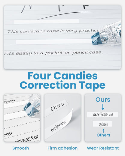 Four Candies Refillable Retractable White Correction Tape, 2PCS White Cute Smooth Push Pull Out Tape with 4 Extra Refills, Aesthetic Pen Shaped Applicator for School Office Supplies (Pink Apricot)