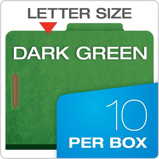 Globe-Weis/Pendaflex Colored Classification Folders, 2/5 Cut Tab, 2 Dividers, Embedded Fasteners, Letter Size, Dark Green, 10 Folders Per Box (24133)