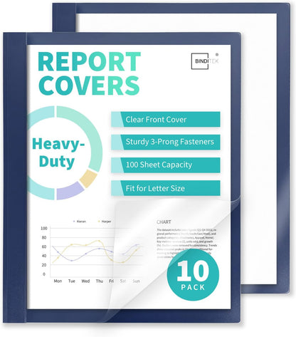 Binditek 10 Pack Heavy-Duty Clear Front Report Covers with 3 Prongs, 100-Sheet Capacity, Plastic Report Folder with Black Back Covers, 3 Metal Prongs Fasteners, for Letter Size, Office Supplies