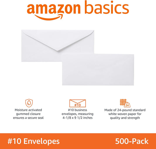 Amazon Basics #10 Security-Tinted Self-Seal Business Envelopes with Left Window for Invoices and Documents, White, 500-Pack