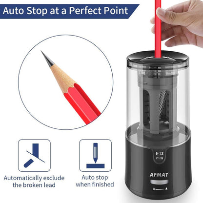 AFMAT Electric Pencil Sharpener, Auto Stop, Super Sharp & Fast, Electric Pencil Sharpener Plug in for 6-12mm No.2/Colored Pencils/Office/Home PS94