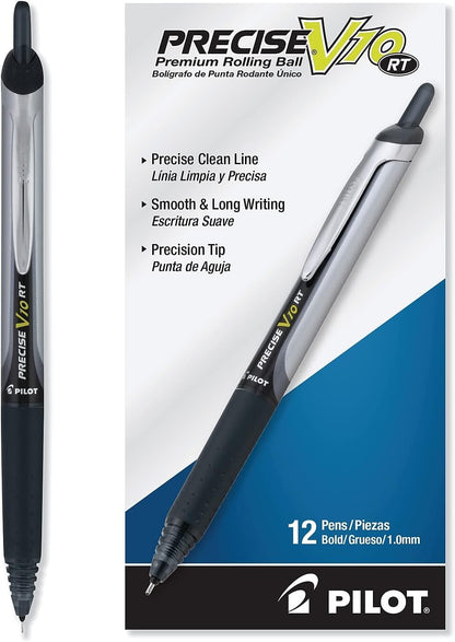 PILOT Precise V10 RT Refillable & Retractable Rolling Ball Pens, Bold Point, Black Ink, 12-Pack (13450)