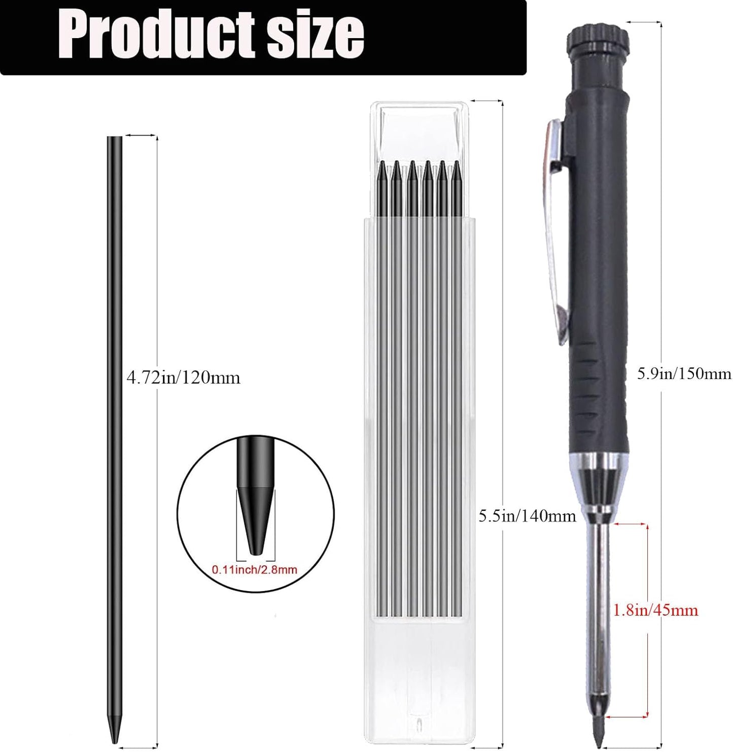 TuTuYa 36 Pencil Refill with 1 Solid Carpenter-Pencil, 2.8mm Waterproof Lead Refills Replacement, with Sharpener, Long Reach/Deep Hole/Long Nose for Architect &Carpenter Woodwork Construction Building