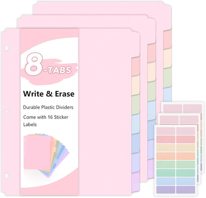 SKYDUE 8 Tab Durable Plastic Dividers, Big Tab Dividers for 3 Ring Binder, Letter Size,Write & Erase Binder Dividers with Tabs, with Sticker Labels, 1 Set, Aesthetic Pastels Binder Dividers