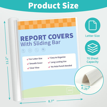 Binditek 12 Pack Clear Report Covers with Sliding Bars, 9mm Sliding Bar File Folder, 70 Sheet Capacity, Letter Size, 5.5 Mil Thick, White, for Students and Coworkers