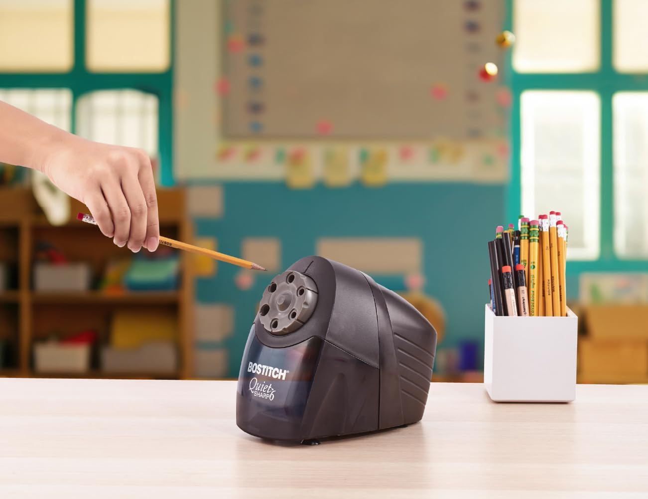 Bostitch Office QuietSharp Electric Pencil Sharpener, Heavy Duty Classroom or Office Use, Size Selector with 6 Different Sizes, Blue