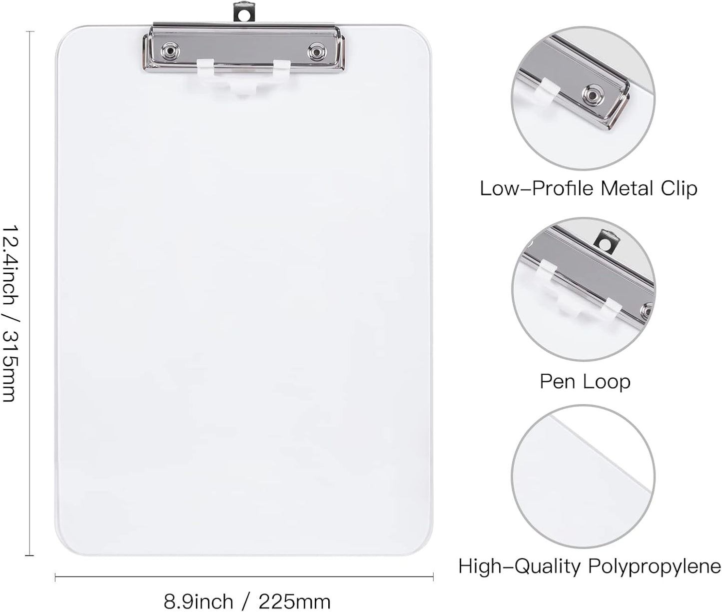 Hongri Plastic Clipboard, White 8.5x11" Clipboard, A4 Letter Size Clipboards for Nurses, Students, Office and Women, Clipboard with Pen Holder and Low Profile Clip, Size 12.5 x 9 Inch(White)