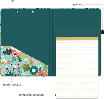 Hongri Clipboard Folio with Refillable Lined Notepad and Interior Storage Pocket for Students, Classroom, Office, Women, Man, Cute Custom Pattern, Size 12.8 x 9.2 in, Classic Flower