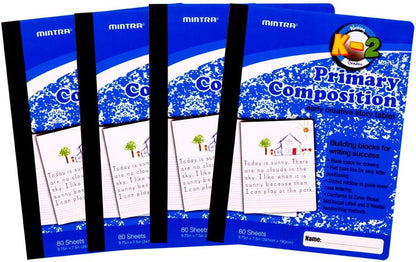 Mintra Primary Composition Notebook, 4 Pack, Assorted Colors 80 Sheets, 7.5in x 9.75in, 1/2 Sheet, Ruled with Drawing Area, Flexible Hardcover Journal, Grades K-2, School & Home Use