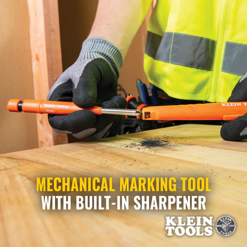 KLEIN TOOLS 80188 Skribes 2.8 mm Mechanical Carpenter Pencil with Built-In Sharpener and 10-Pack Graphite Lead Refills, for Deep Hole Marking for Woodworking and Construction
