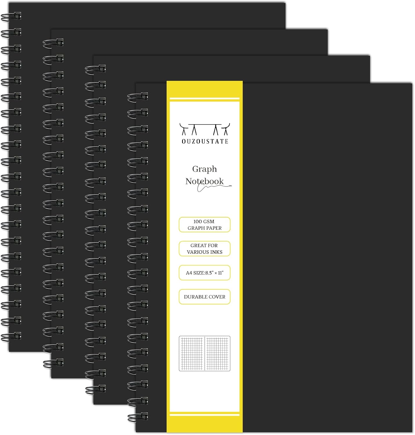 Lined Spiral Notebook A4 Large Black Journal 8.5" x 11"-4 Pack 7mm College Ruled Hardcover Notebooks 160 Pages 100GSM Thick Paper for Note Taking School Office Supplies