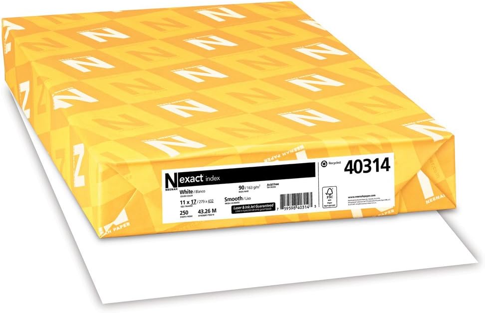 Wausau Exact Index Cardstock, 250 Sheets, White, 94 Brightness, 90 lb, 11 x 17 Inches