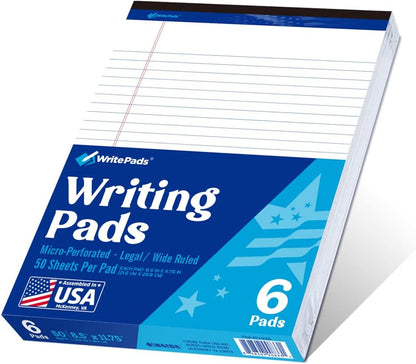 6 Pack Legal Note Pads Wide Ruled 8.5" x 11" Writing Pads (50 Sheets/Pad) White Recycled Paper Micro-Perforated Notepad Hard Back Notepads for Office & School Supplies - Made in USA