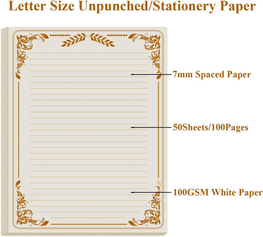 Vintage Lined Letter Paper - 100 Sheets, Stationary Paper for Writing Letters with Lines & Antique Border Design for Stationery Writing Papers,Invitations & Notes, 100gsm, 8.5'' x 11'', Brown