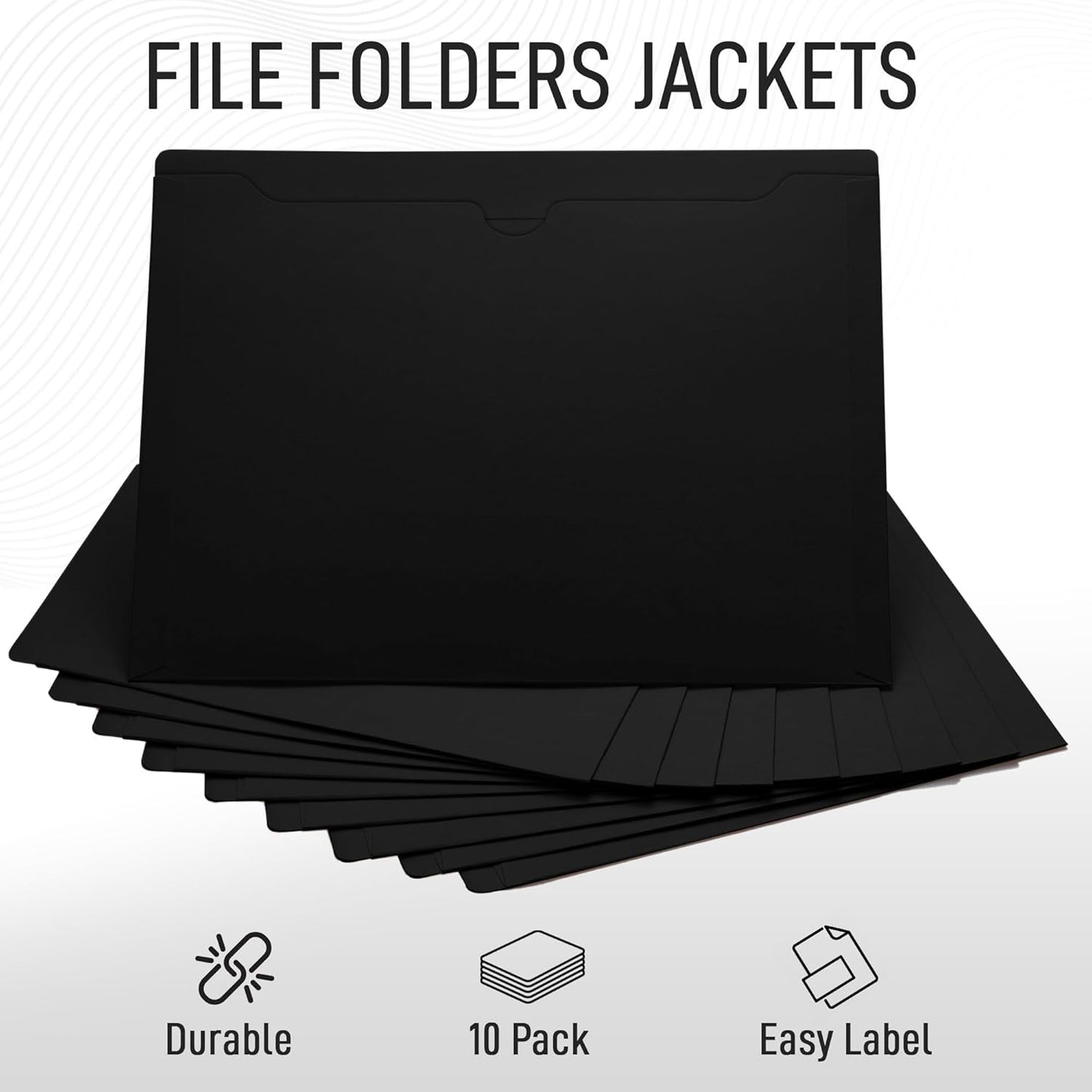 Black File Jackets, Flat-No Expansion, Letter Size, Reinforced Straight-Cut Tab, 10 Pack