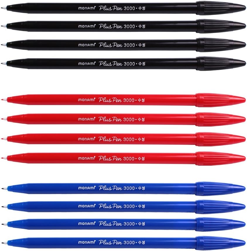 Monami Plus 3000 Office Sign Pen Felt Tip Water Based Ink Color Pen Complete Red,Blue,Black Dozen Box