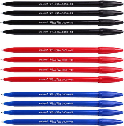 Monami Plus 3000 Office Sign Pen Felt Tip Water Based Ink Color Pen Complete Red,Blue,Black Dozen Box