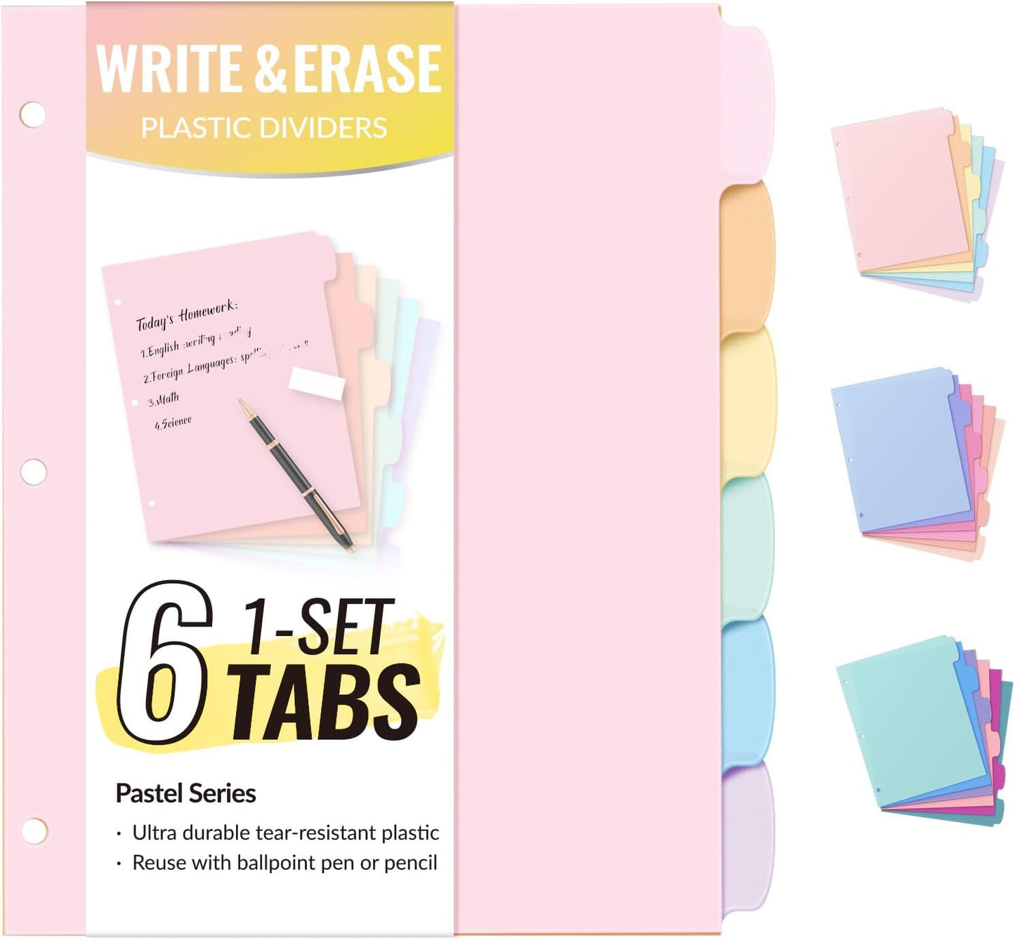 Sooez 6-Tab 3 Ring Binder dividers with tabs, Durable Plastic Write & Erase Tab Dividers for 3 Ring Binder, Aesthetic Cute Binder Dividers for Student, Teacher, Office, Home Organizers, 1 Sets