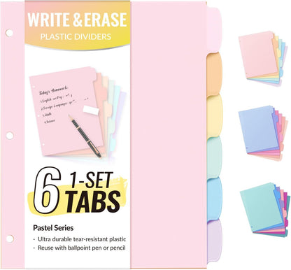 Sooez 6-Tab 3 Ring Binder dividers with tabs, Durable Plastic Write & Erase Tab Dividers for 3 Ring Binder, Aesthetic Cute Binder Dividers for Student, Teacher, Office, Home Organizers, 1 Sets