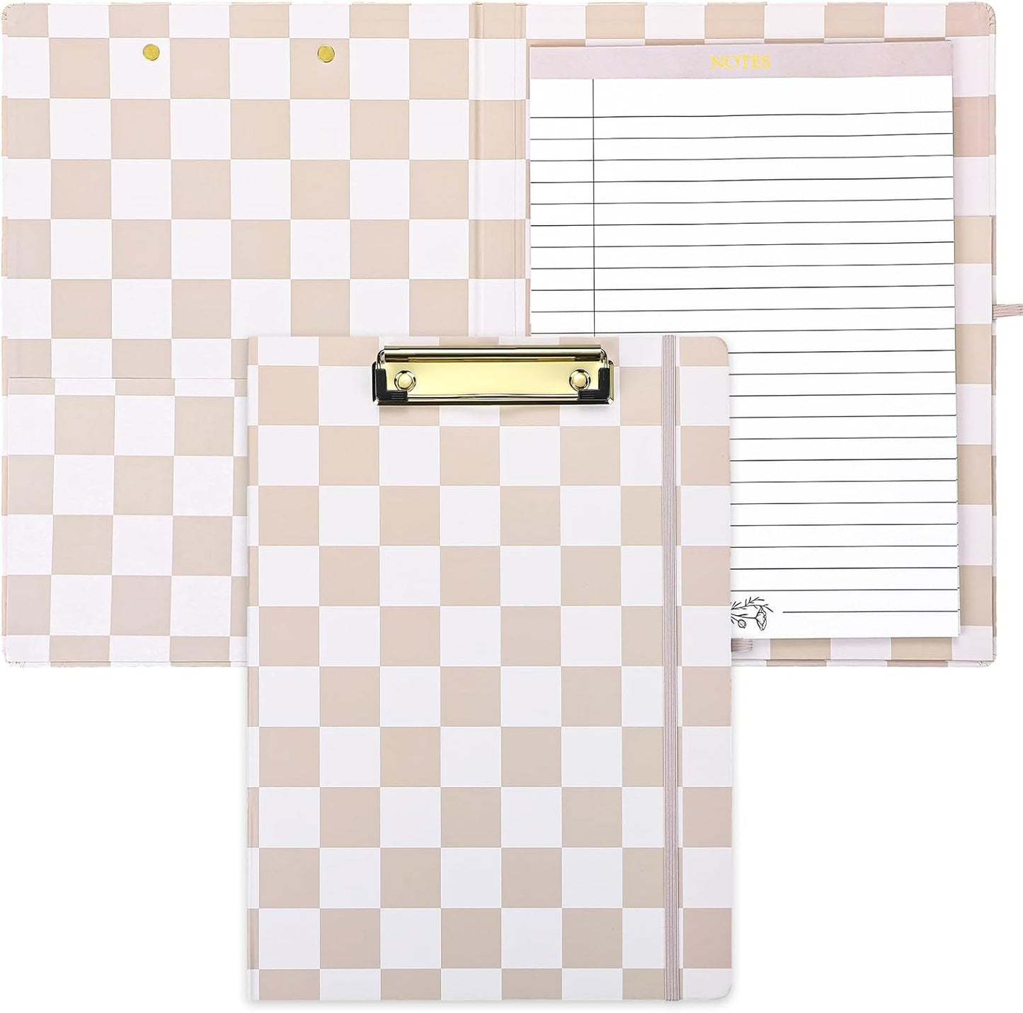 Affrolling Checkered Clipboard Padfolio with Refillable Lined Notepad and Interior Storage Pocket, Portfolio Folder Organizer Legal Pad Holder for Work Business Office(Brown)