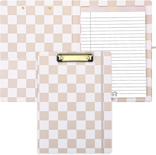 Affrolling Checkered Clipboard Padfolio with Refillable Lined Notepad and Interior Storage Pocket, Portfolio Folder Organizer Legal Pad Holder for Work Business Office(Brown)