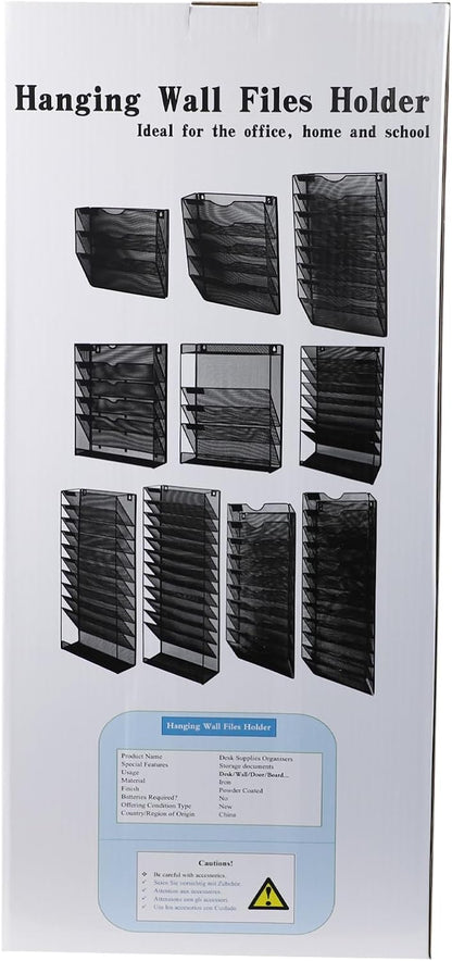 1 Pocket Mesh Wall File Holder Organizer Office Hanging File Folder Magazine Rack, Nametag Label Hooks Set Included (Black)